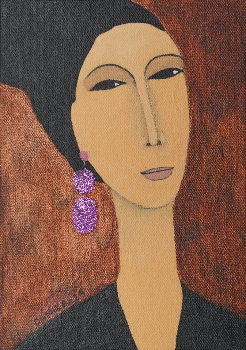 Retrato femenino, Sofisticada, acrílico sobre lienzo,  Daniza, 2024, arte contemporáneo figurativo latinoamericano.