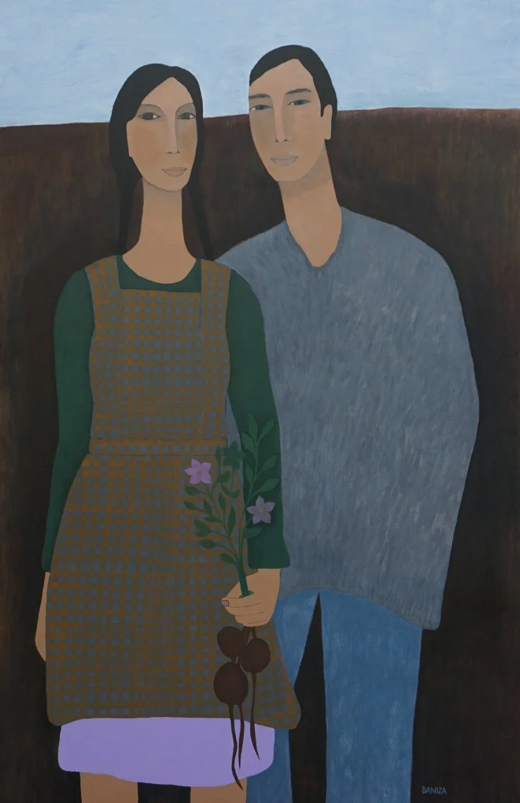 Escena de pareja, Tiempos de Cosecha, acrílico sobre lienzo,  Daniza, 2025, arte contemporáneo figurativo latinoamericano.