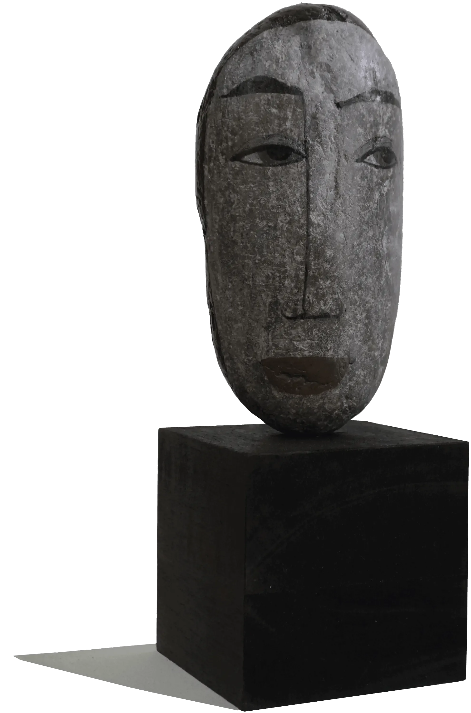 Escultura, cabeza, Hombre Misterioso, acrílico sobre piedra,  Daniza, 2025, arte contemporáneo figurativo latinoamericano.