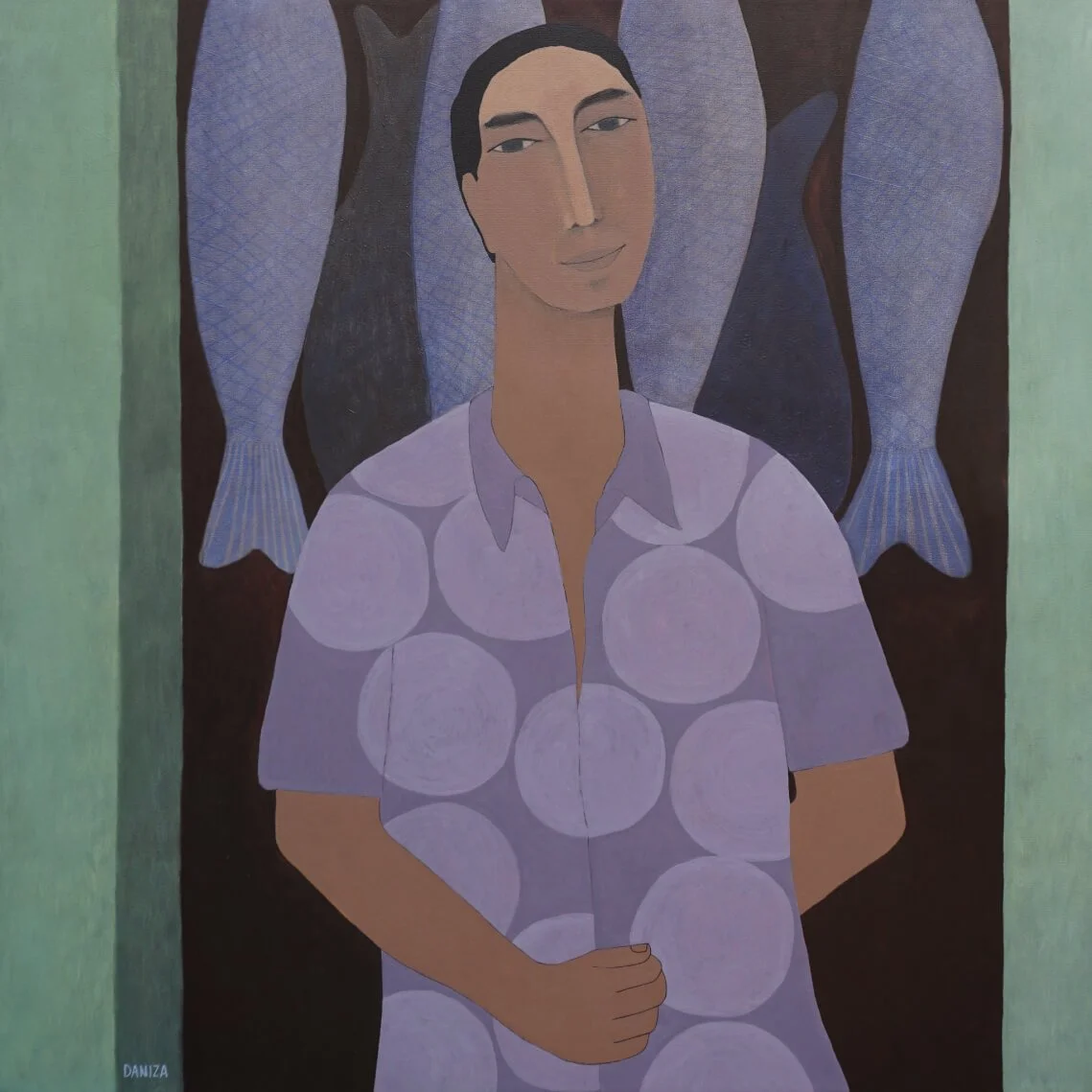 Figura masculina, Pescador, acrílico sobre lienzo,  Daniza, 2024, arte contemporáneo figurativo latinoamericano.