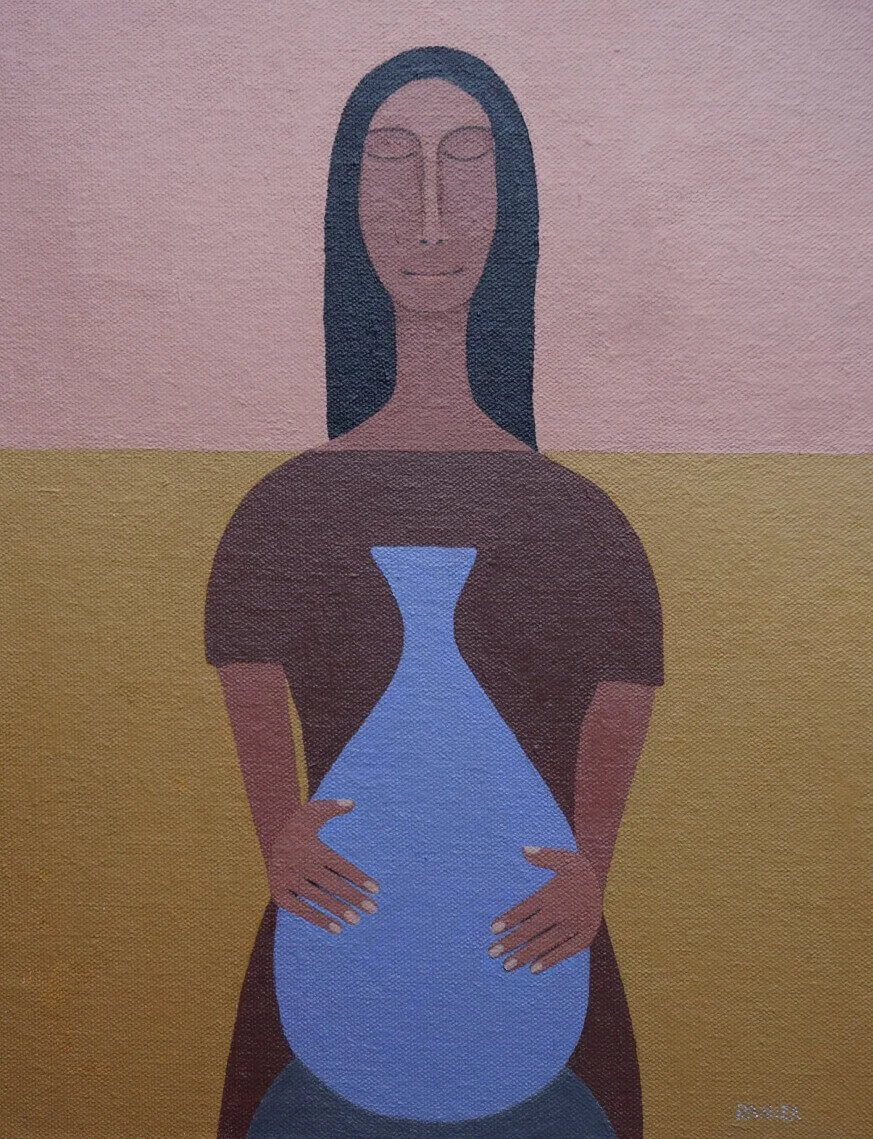 Figura femenina, Alfarera, acrílico sobre lienzo,  Daniza, 2025, arte contemporáneo figurativo latinoamericano.