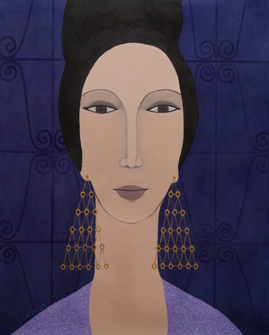 Retrato femenino, Tesoros de Mompox, acrílico sobre lienzo,  Daniza, 2024, arte contemporáneo figurativo latinoamericano.