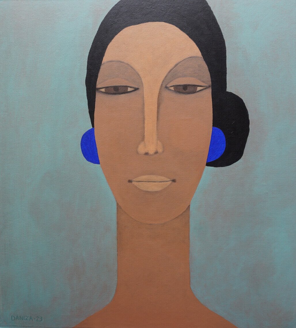 Retrato femenino, Mujer de Mirada Pensativa, acrílico sobre lienzo,  Daniza, 2023, arte contemporáneo figurativo latinoamericano.