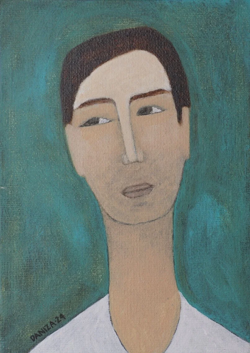 Retrato, Miradas, acrílico sobre lienzo,  Daniza, 2024, arte contemporáneo figurativo latinoamericano.