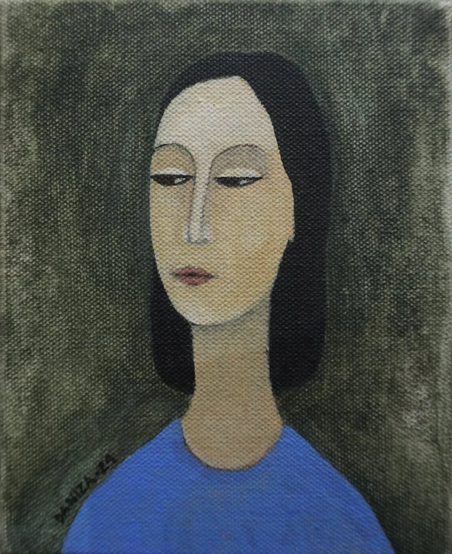Retrato femenino, Mirada Nostálgica, acrílico sobre lienzo,  Daniza, 2024, arte contemporáneo figurativo latinoamericano.