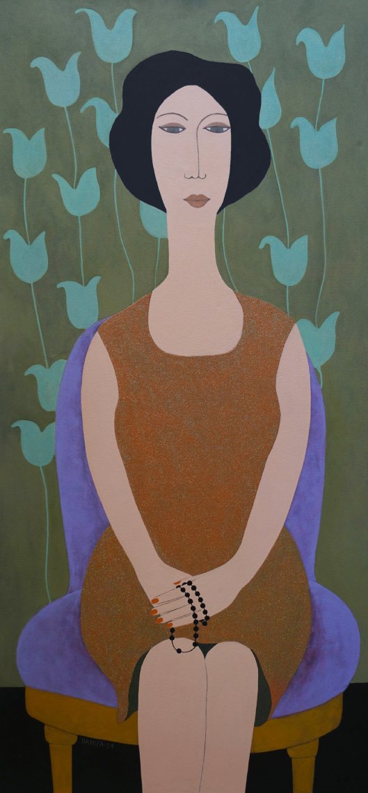 Figura femenina, Las Oraciones de Mamá, acrílico sobre lienzo,  Daniza, 2024, arte contemporáneo figurativo latinoamericano.