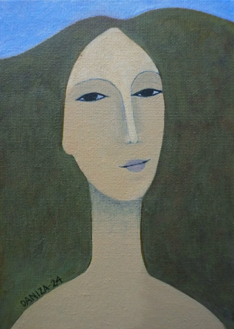 Retrato femenino, Mujer de las Montañas, acrílico sobre lienzo,  Daniza, 2024, arte contemporáneo figurativo latinoamericano.