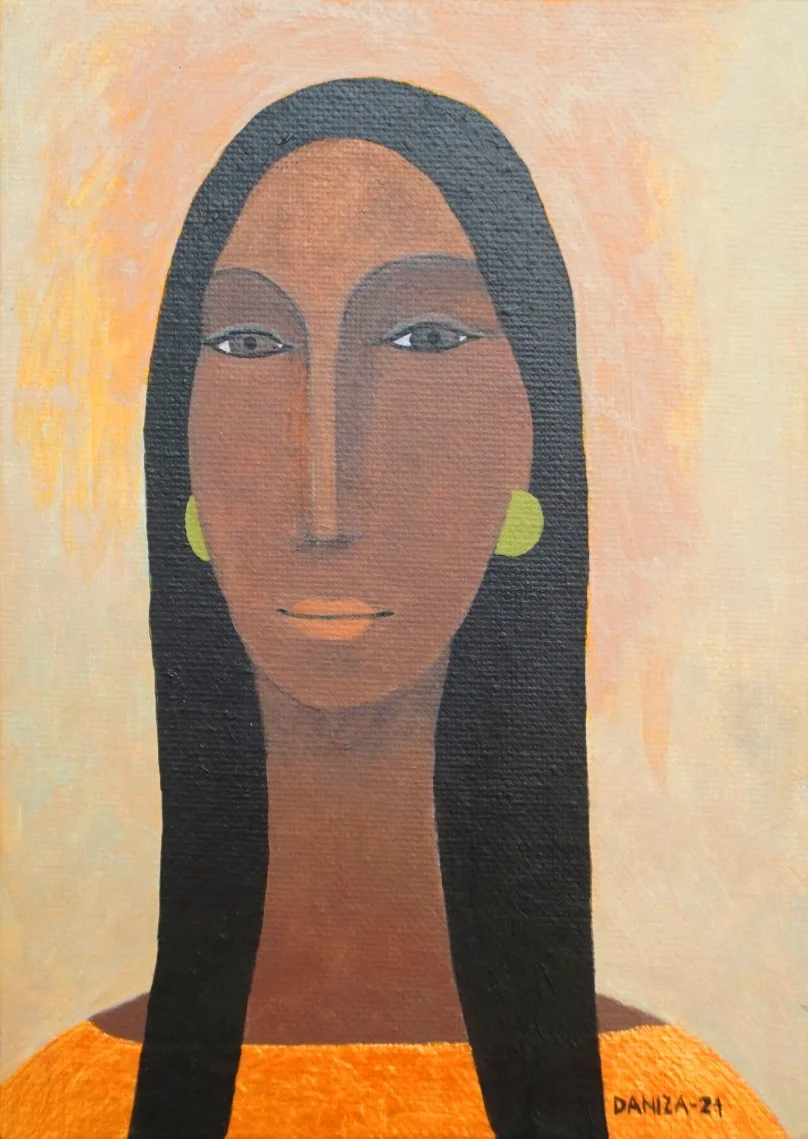 Retrato femenino, Caucana, acrílico sobre lienzo,  Daniza, 2024, arte contemporáneo figurativo latinoamericano.