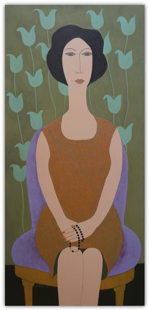 Figura femenina, Las Oraciones de Mamá, acrílico sobre lienzo,  Daniza, 2024, arte contemporáneo figurativo latinoamericano.