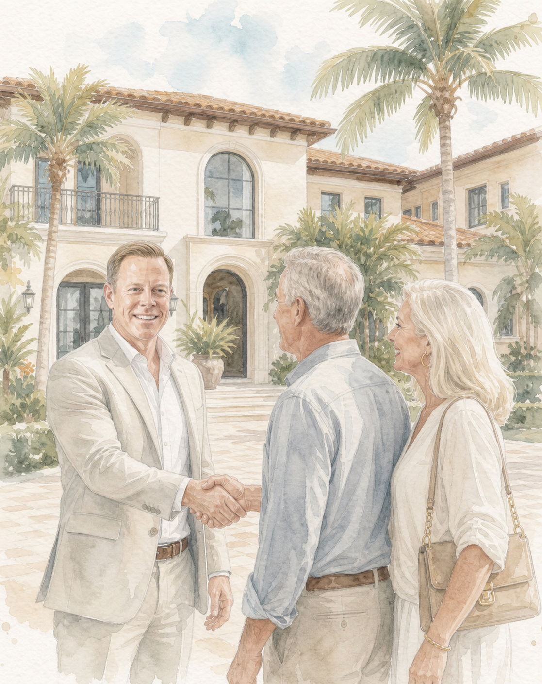 Havellin Transition Concierge greeting an older couple in the courtyard of their Palm Beach home.
