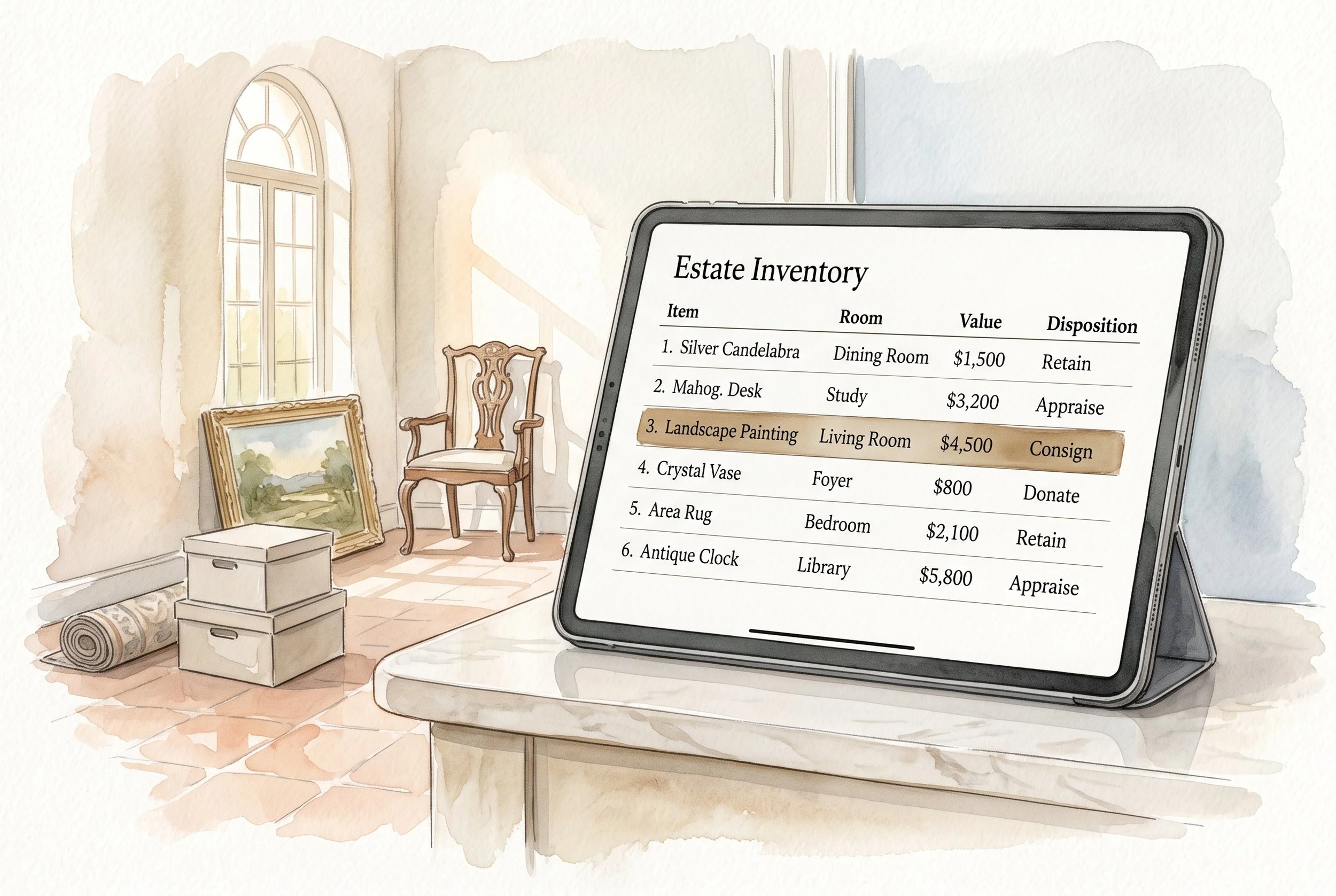 Estate inventory on iPad in cleanout out Palm Beach home.