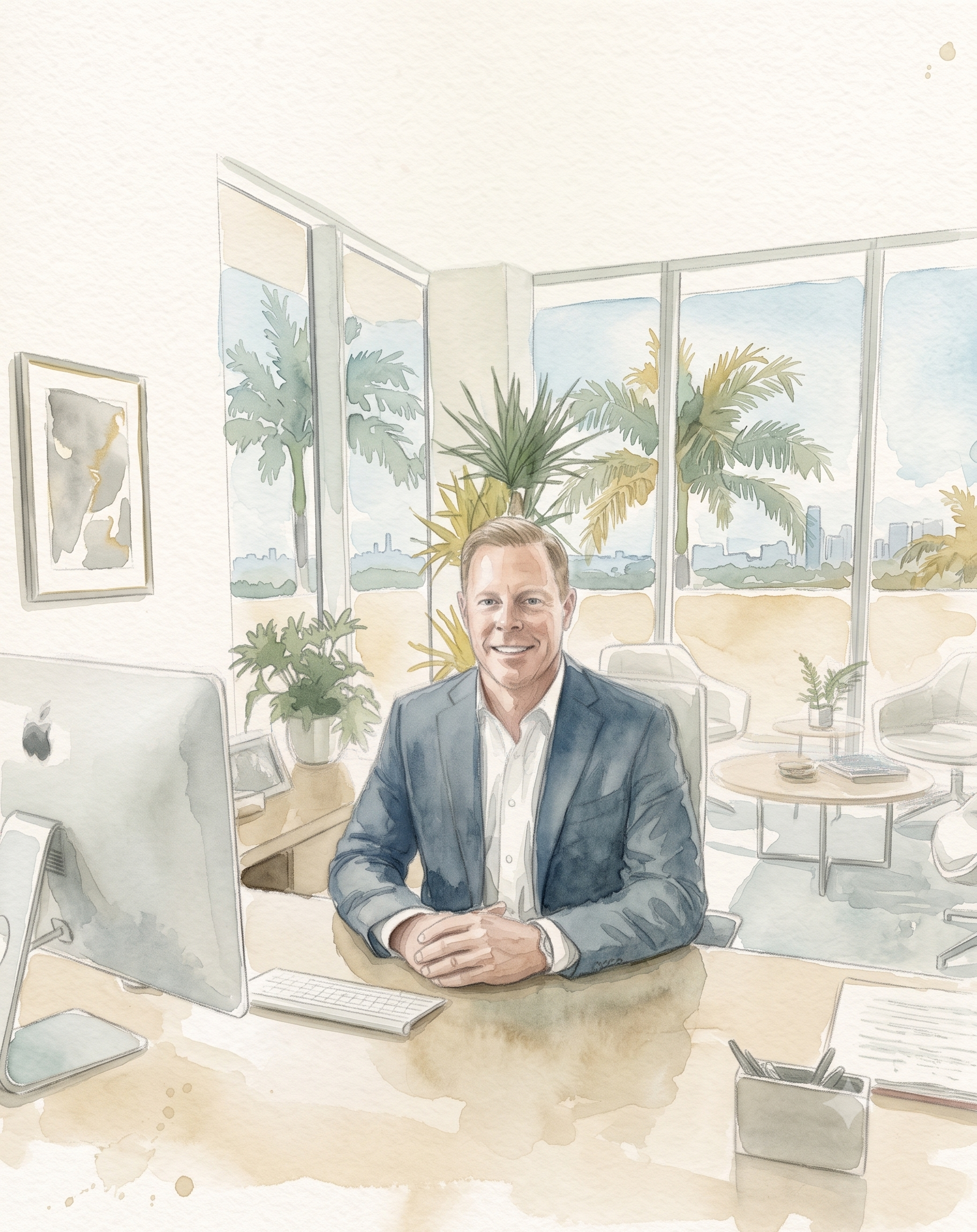 Watercolor illustration of a man in a business suit smiling and sitting at an office desk with multiple computer monitors, surrounded by large windows and green plants, city skyline visible outside.