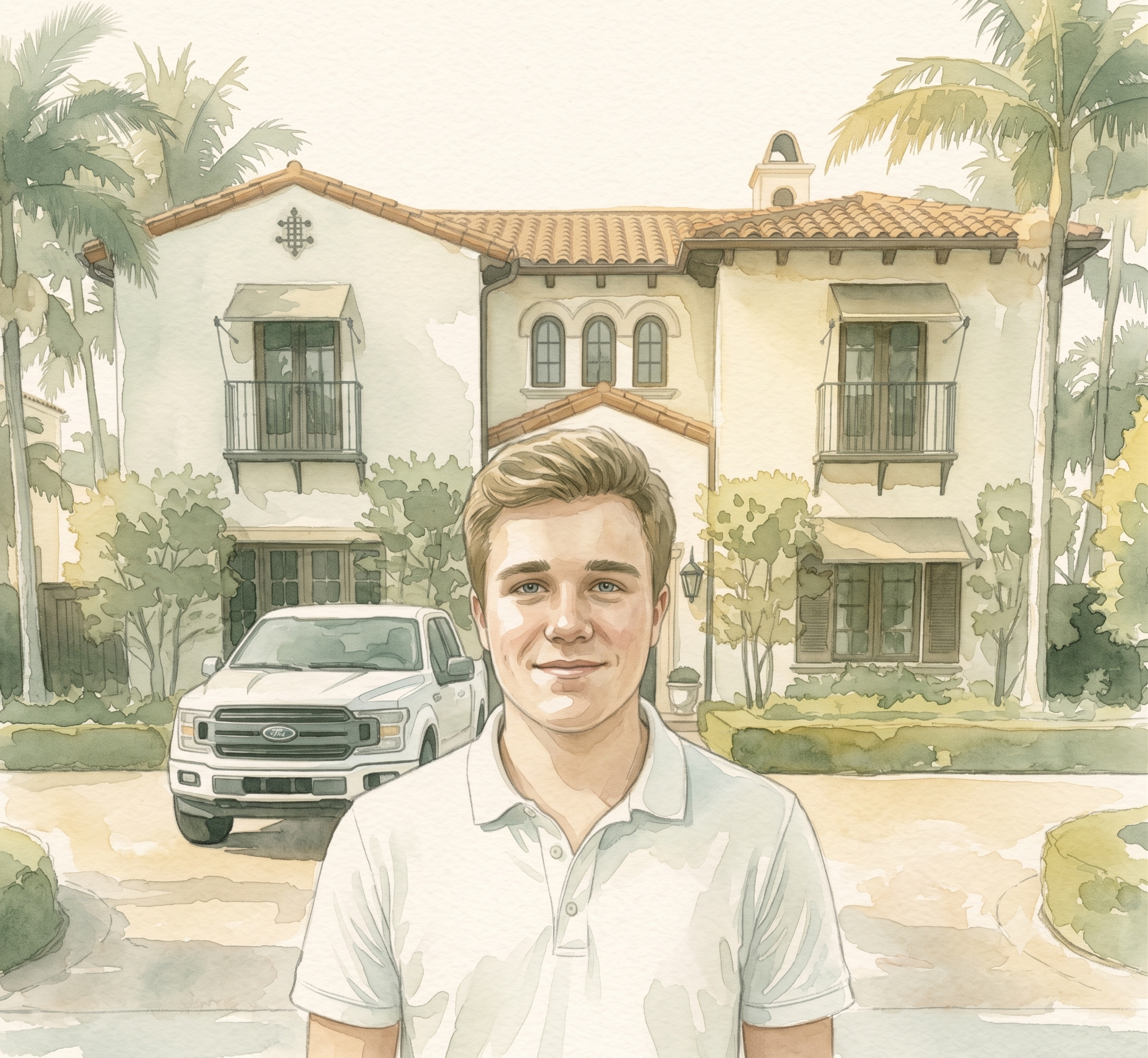 A watercolor-style illustration of a man in a white polo shirt standing in front of a residential street with palm trees, cars, and Spanish-style houses with terracotta roofs.