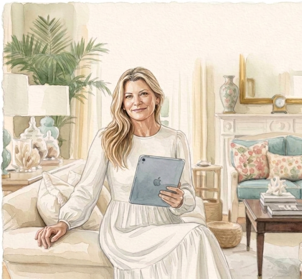 A woman with blonde hair sitting on a cozy beige sofa, holding an iPad, in a well-decorated living room with plants, cushions, and decorative items.