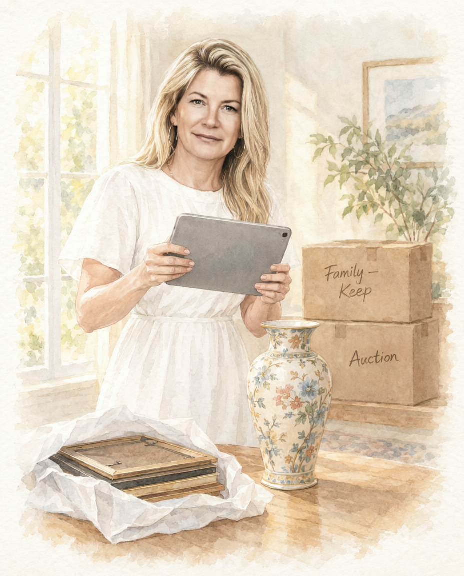 Woman holding a tablet in a room filled with boxes labeled 'Family - Keep' and 'Auction', a decorative vase, and framed pictures in the background.