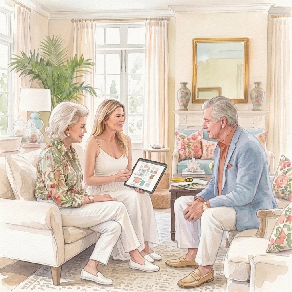 Three adults sitting in a brightly lit, decorated living room with a fireplace, examining a tablet and having a conversation.