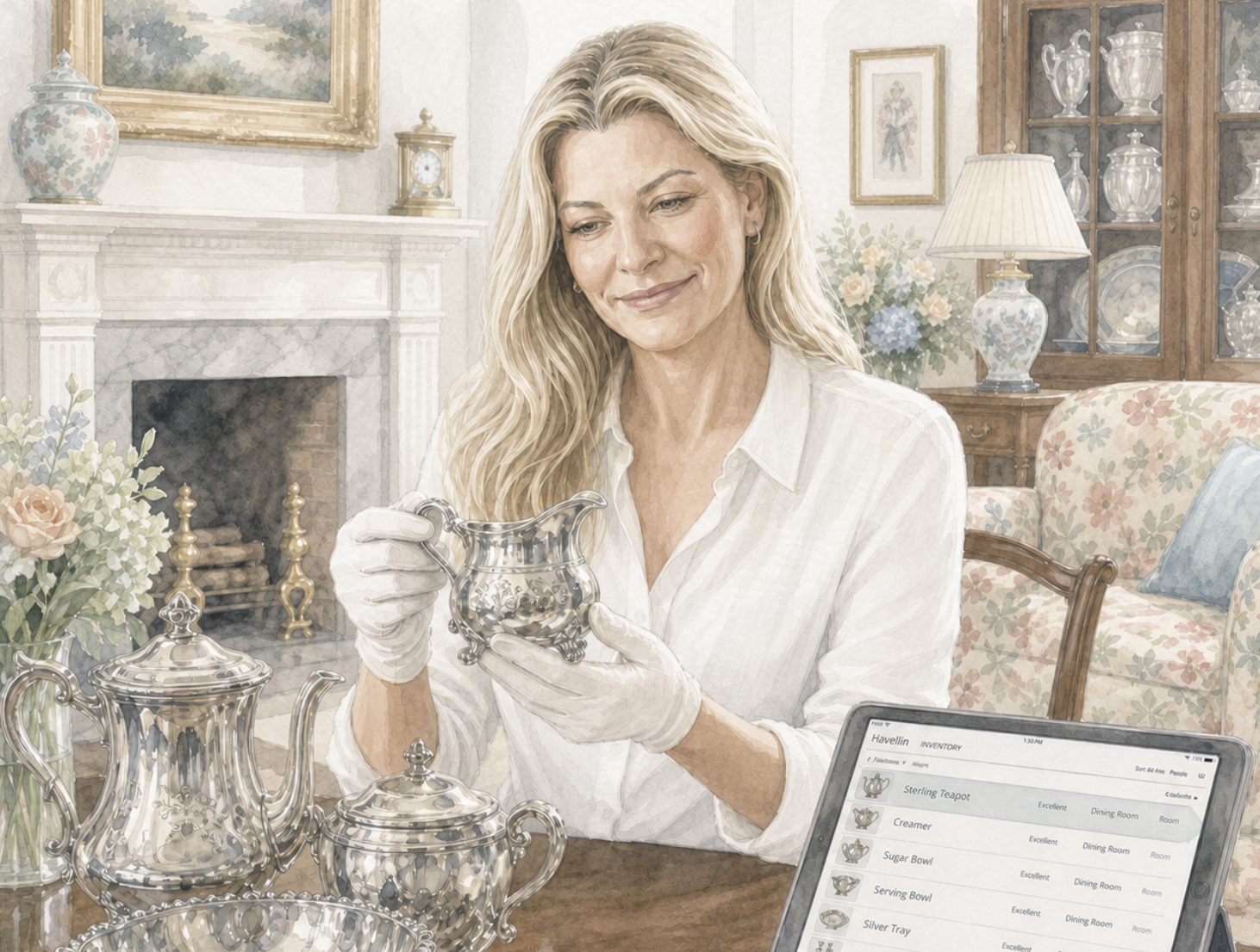 Transition Concierge in white gloves examining a sterling silver creamer while cataloging a tea service on a tablet, room by room.
