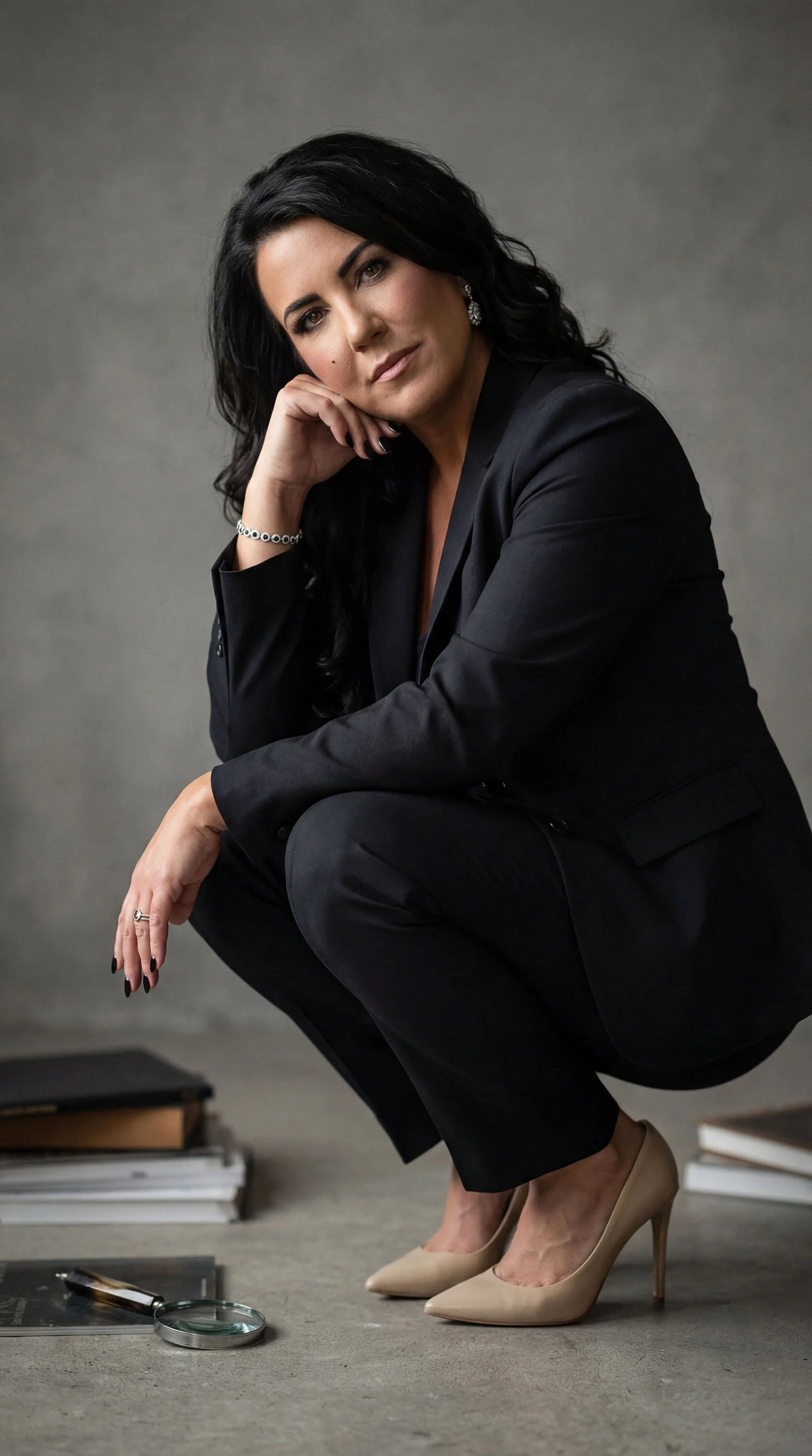 A woman in a black suit squatting on the floor, wearing beige high heels, with her chin resting on her hand. There are books, a magnifying glass, and a pen on the ground nearby against a plain gray background.