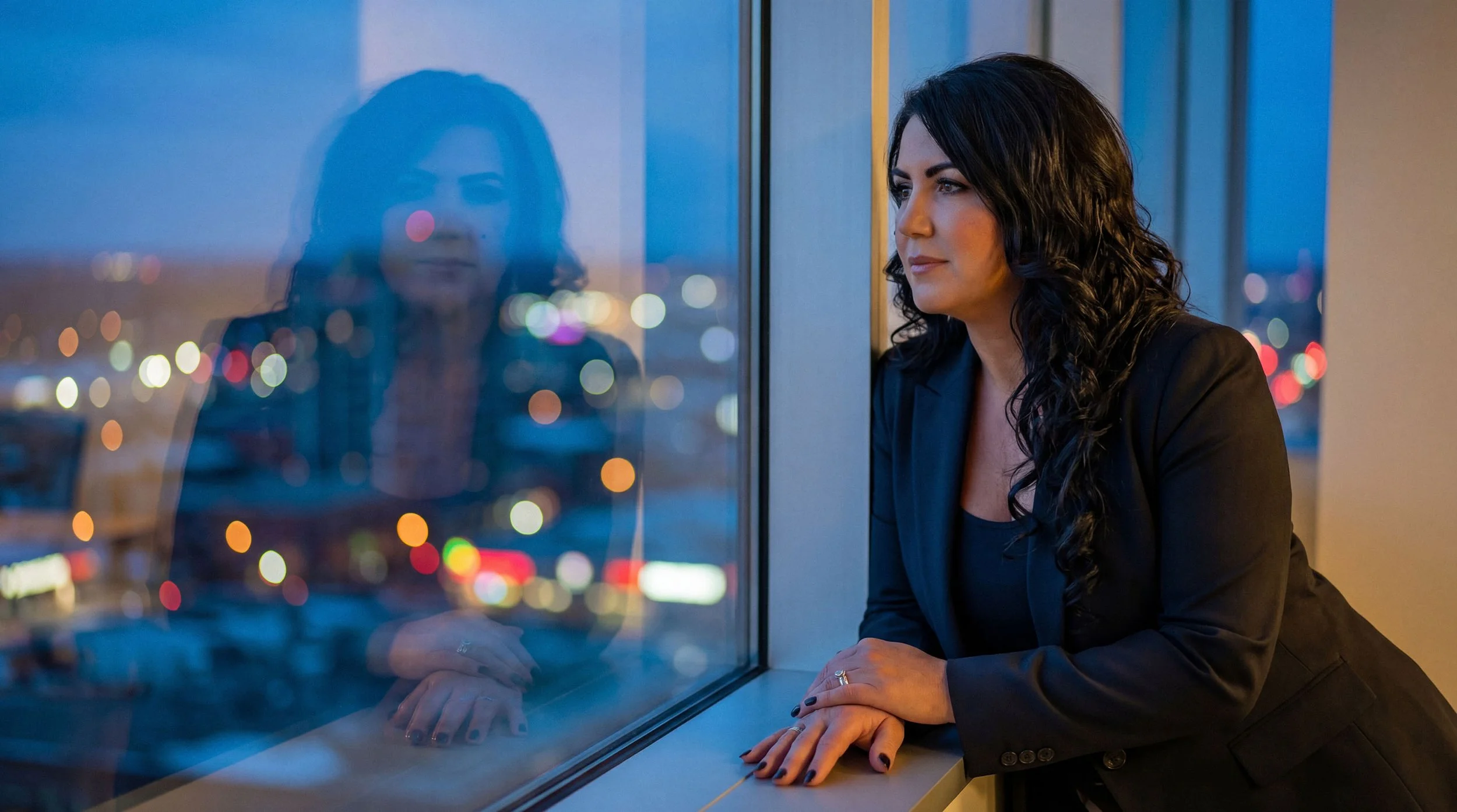 Woman with dark curly hair in a black blazer looking out a window at city lights during the evening.