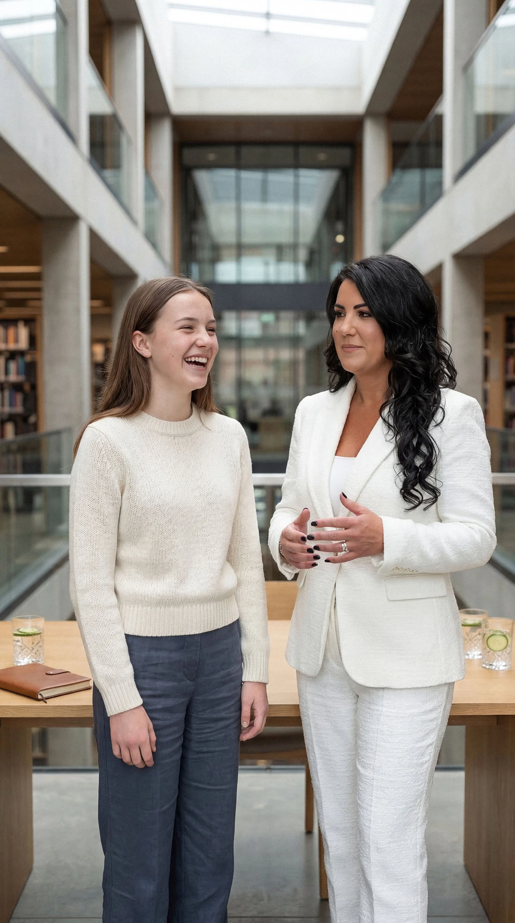 Two women in conversation inside a modern library or office building with large glass windows and bookshelves in the background.