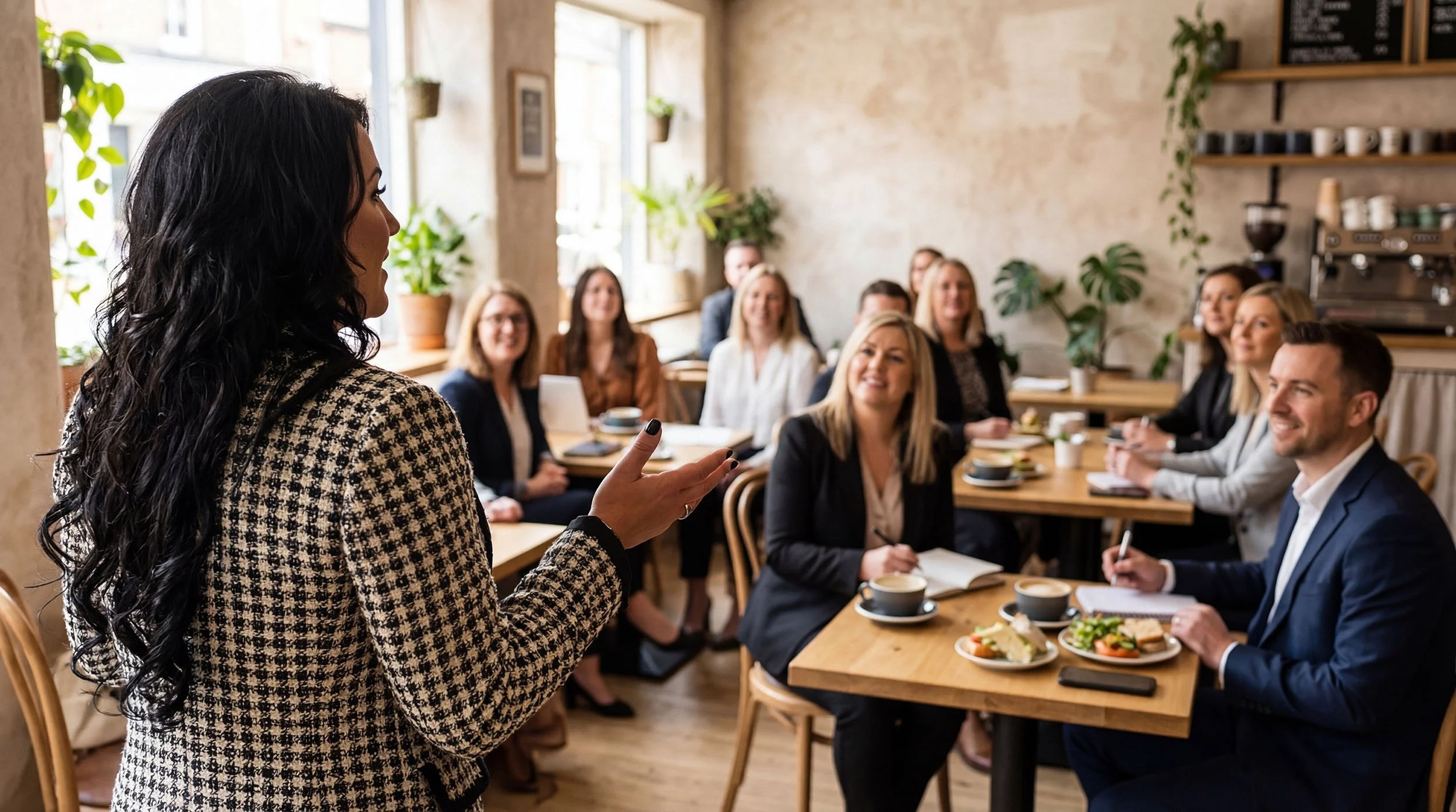 Woman presenting or speaking to a group of people sitting at tables in a cozy cafe or meeting room with coffee and food on the table, plants, and a barista machine in the background.
