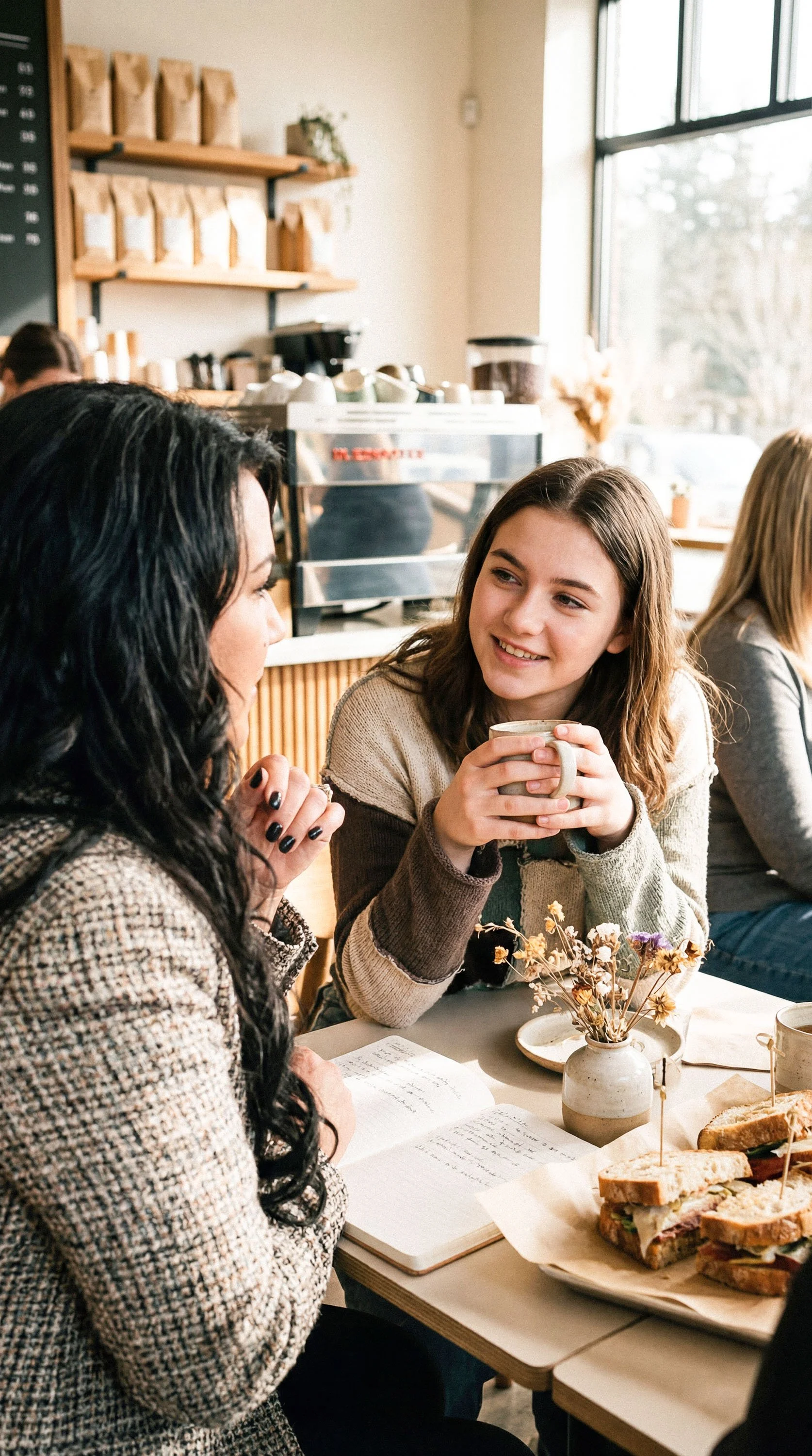 Two women sitting at a table in a coffee shop, engaged in conversation. One woman is holding a mug, and there are sandwiches, a notebook, and a small vase with dried flowers on the table. Other patrons are visible in the background.