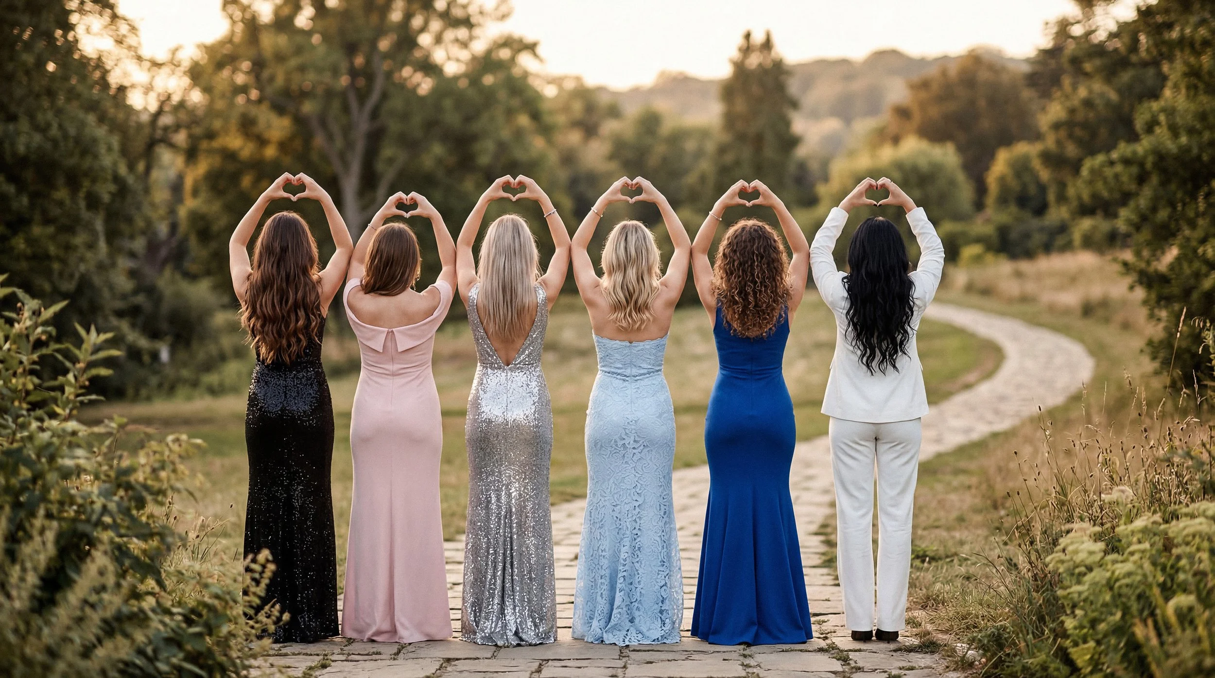 Six women standing outdoors on a stone path, forming heart shapes with their hands above their heads, with trees and a winding path in the background, during sunset.