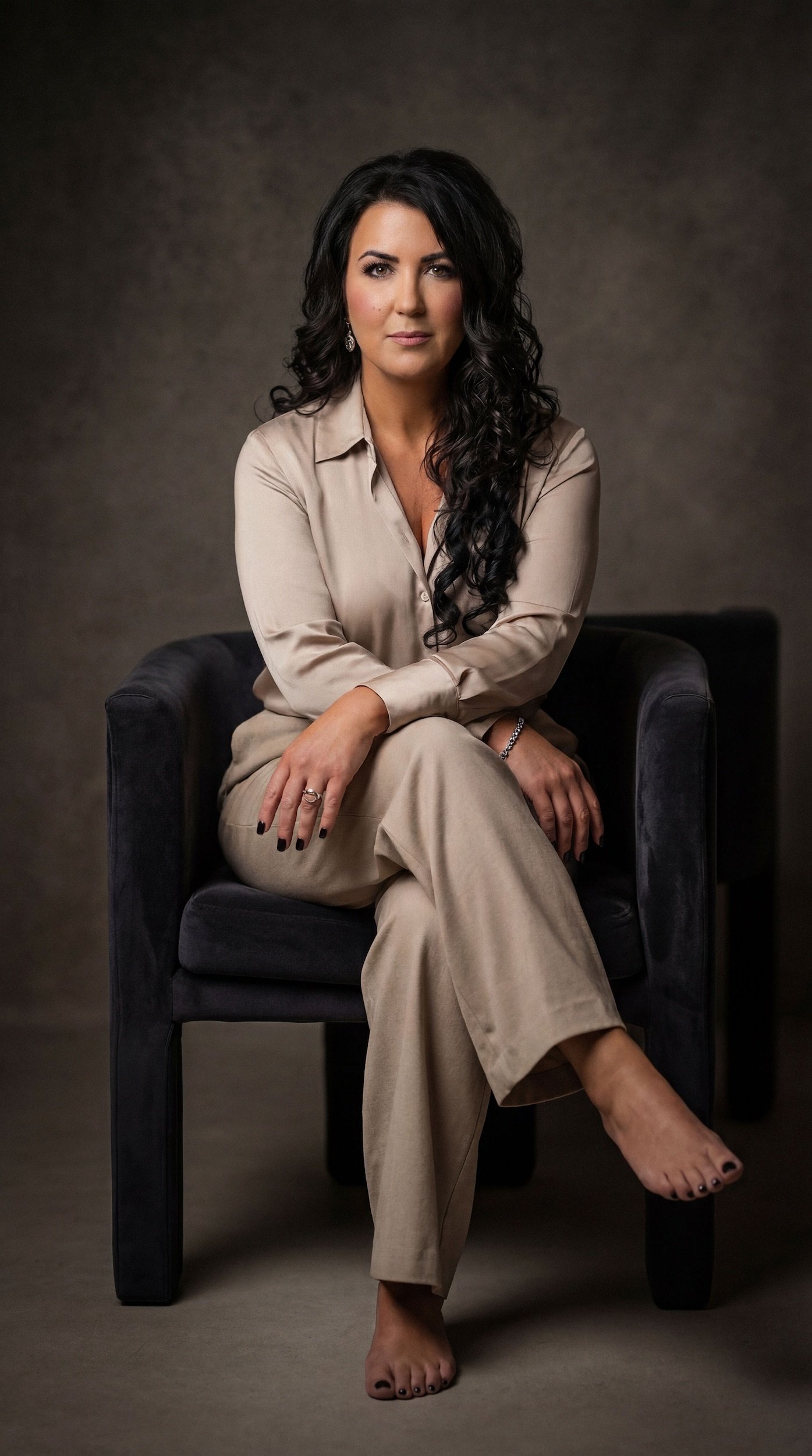 A woman with long dark curly hair sitting on a dark velvet chair, wearing a beige satin blouse and matching beige pants, barefoot, with a neutral background.