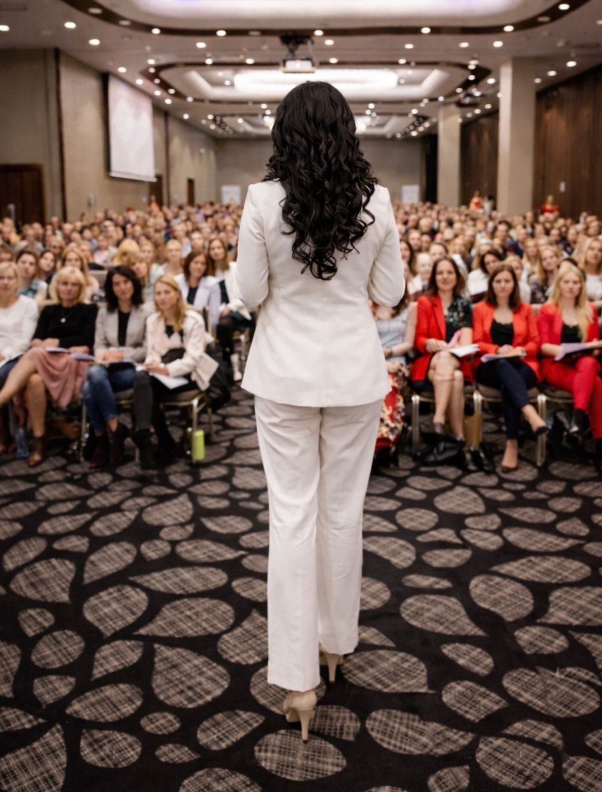 A woman in a white suit speaking to a large audience in a conference room.