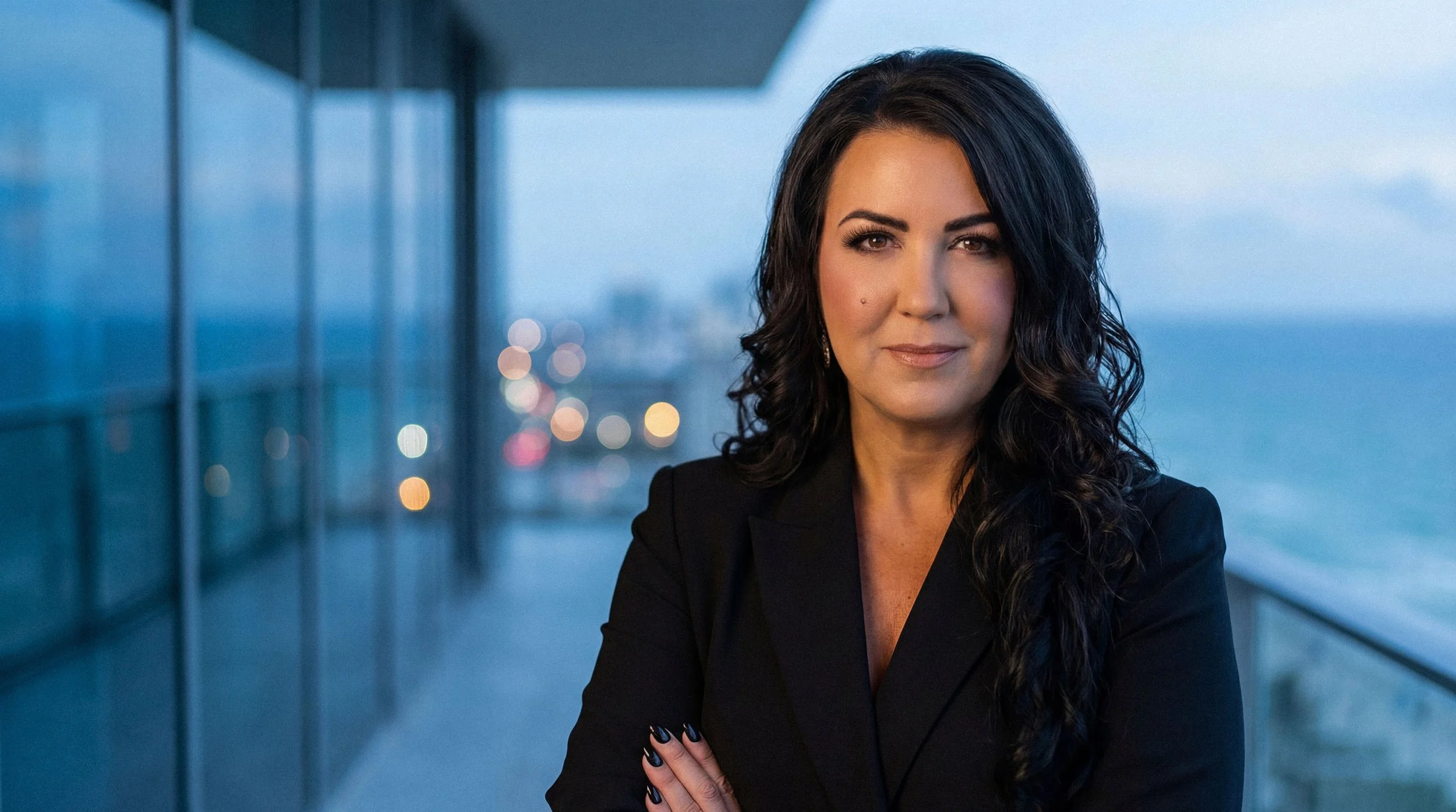 A woman with long, wavy black hair, wearing a black blazer, standing outside near a glass building with a cityscape and water in the background during dusk.