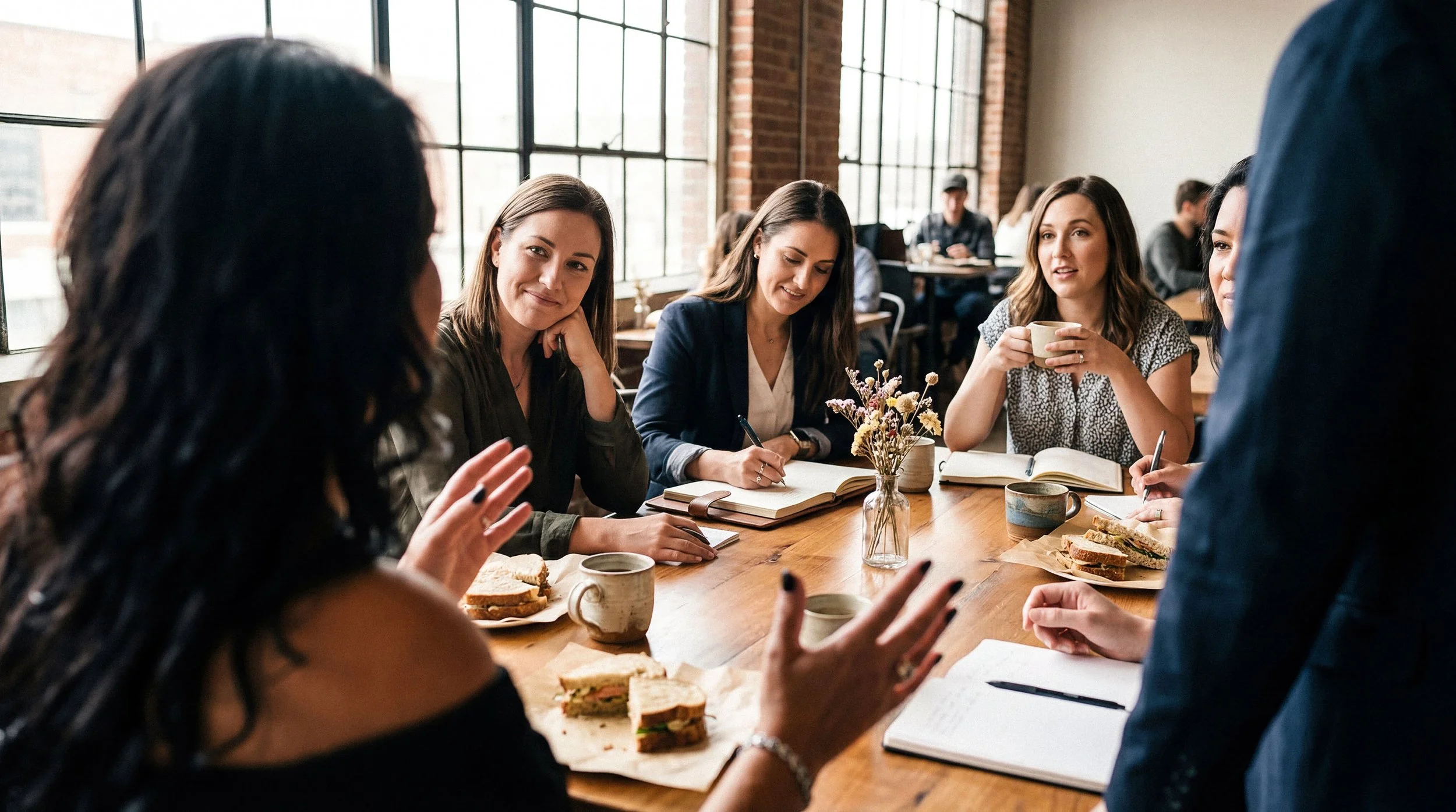 Group of women having a meeting in a cafe, seated around a table with notebooks, coffee cups, sandwiches, and a small flower arrangement.