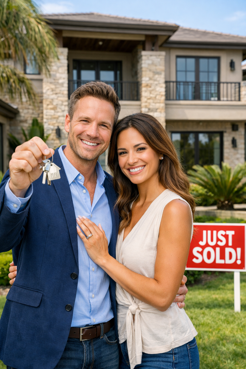 A smiling couple stands in front of a house, the man holding a set of keys, with a 'Just Sold!' sign in the yard.