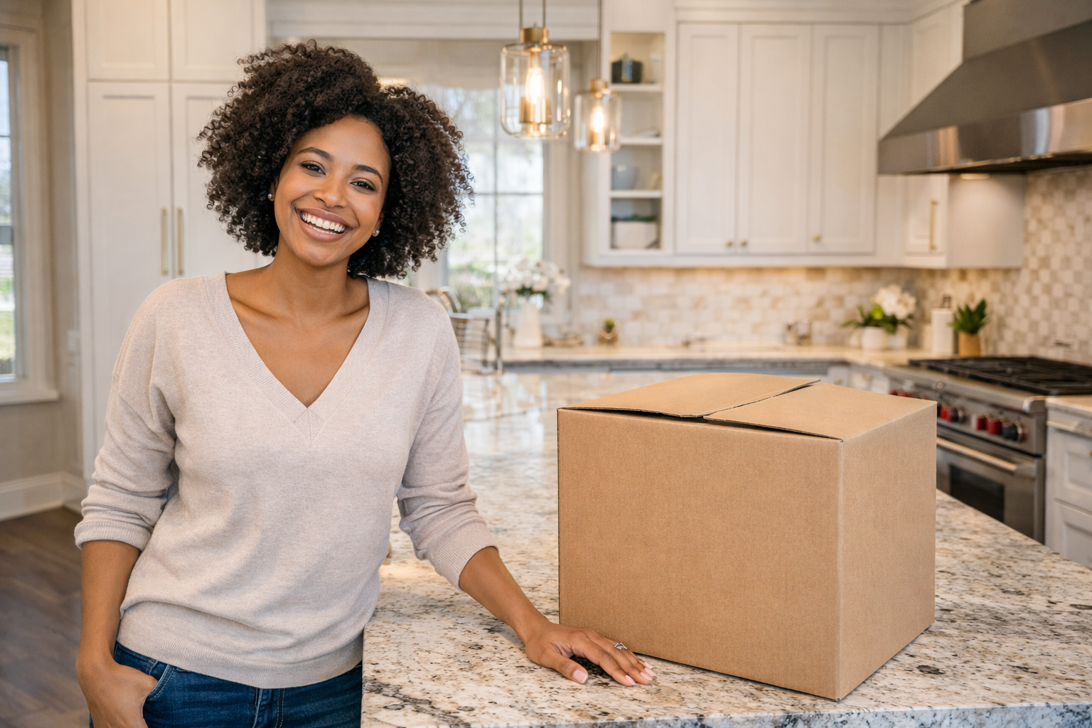 A woman smiling next to a cardboard box on a kitchen countertop.