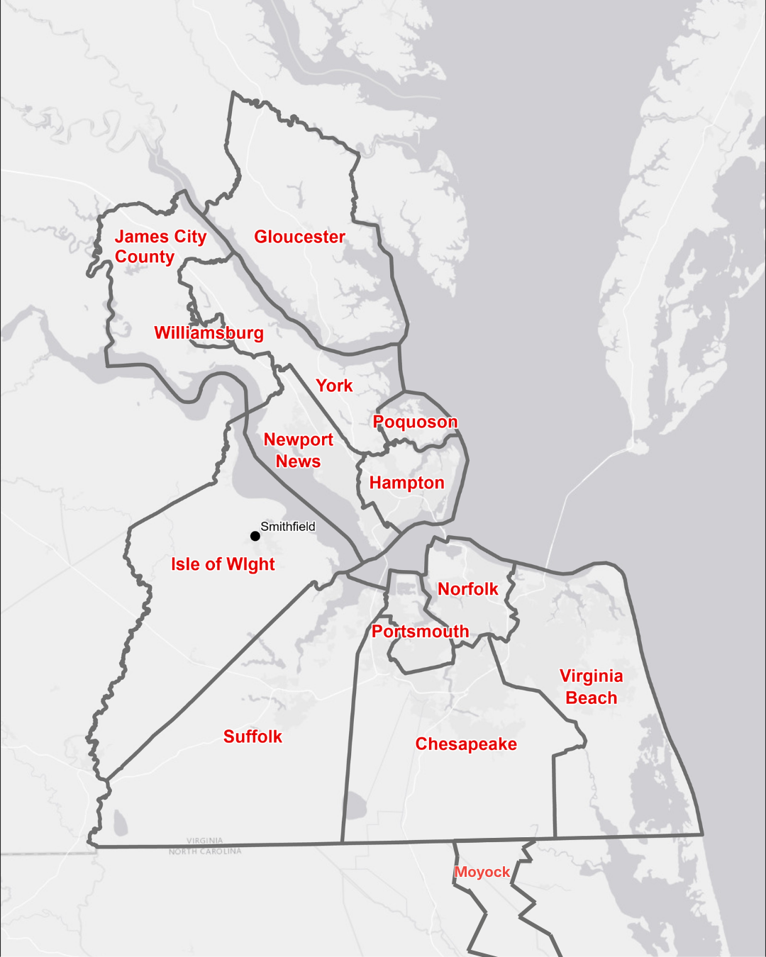 Here’s a simple regional map outlining Chesapeake in relation to Virginia Beach, Norfolk, Suffolk, Moyock, NC and the surrounding areas in Hampton Roads)