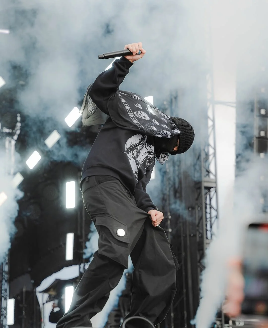 EsDeeKid wearing Alexander McQueen skull scarf