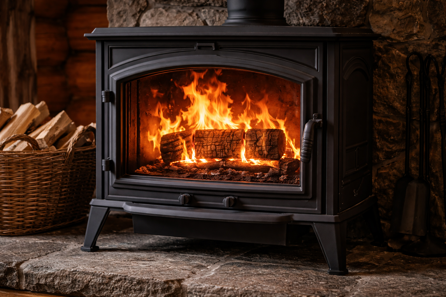 Fireplace with burning logs and flames, surrounded by a stone hearth, with a basket of firewood nearby.