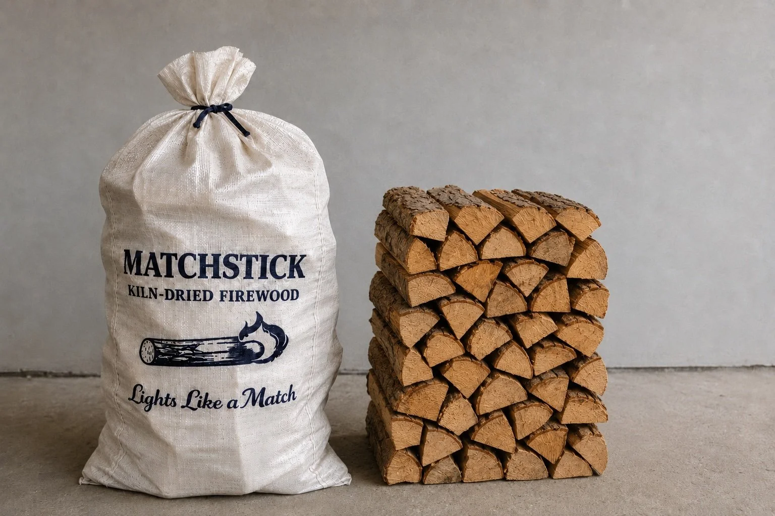 A large white bag of kiln-dried firewood labeled 'MATCHSTICK' and stacked neatly wooden logs of firewood placed on the ground in front of a plain wall.