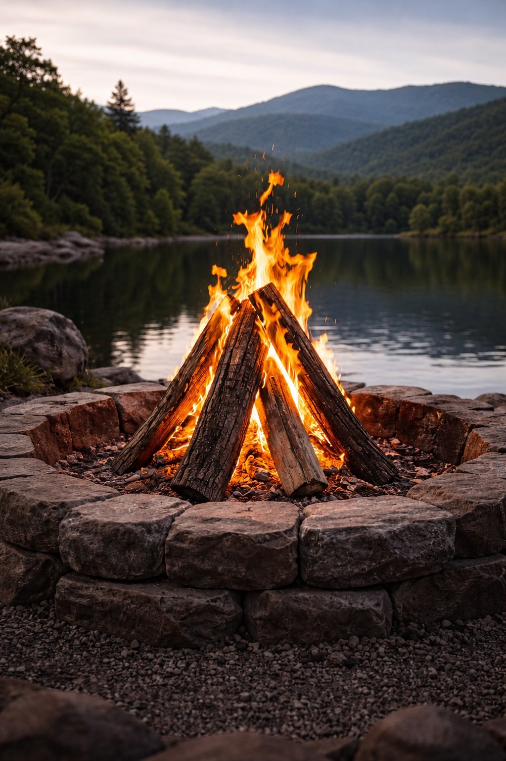 A campfire made of stacked logs burning on a stone circle near a lake with mountains and trees in the background.