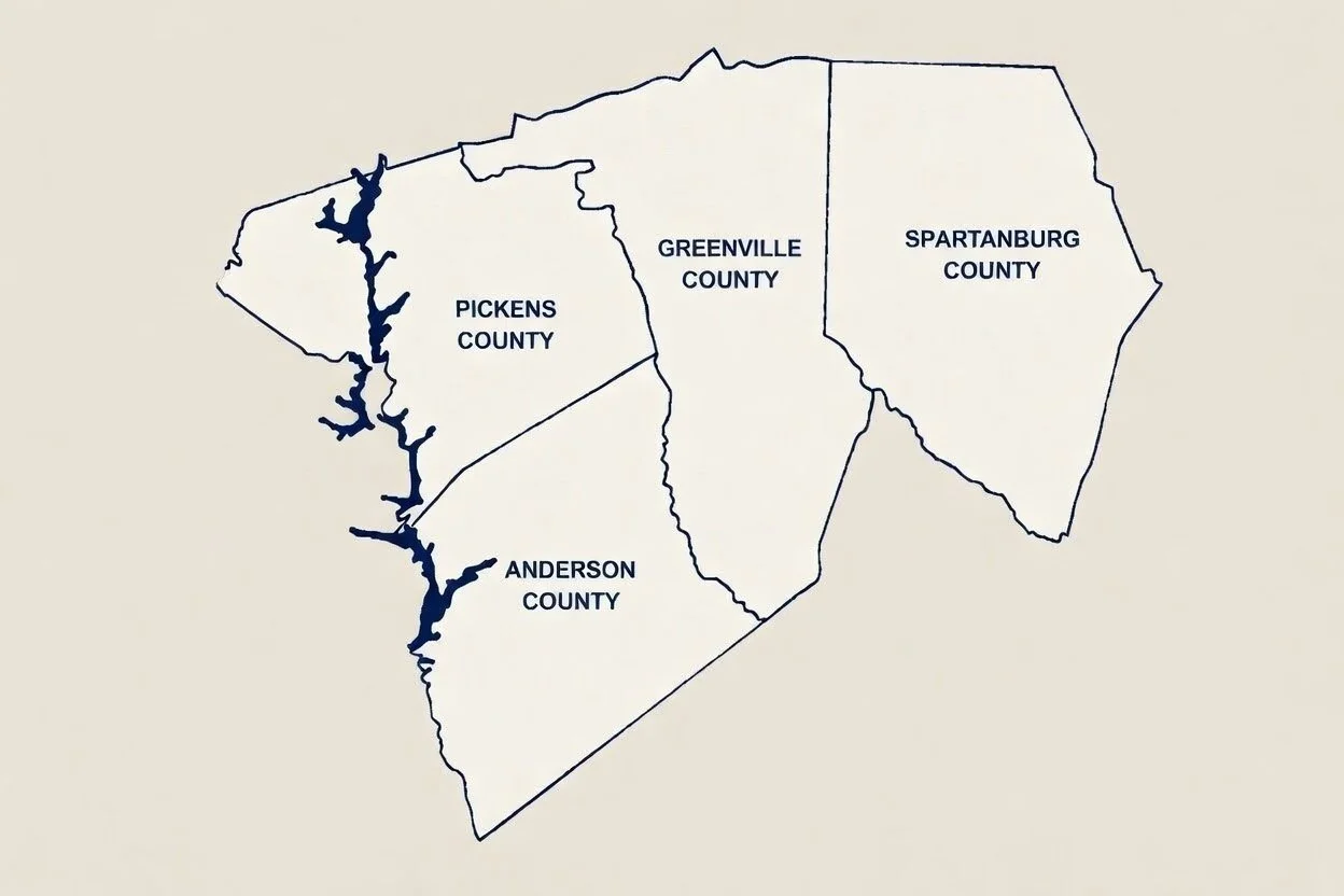 Map showing the counties of Pickens, Greenville, Spartanburg, and Anderson in South Carolina, with Pickens County on the northwest, Greenville in the center, Spartanburg in the east, and Anderson in the southwest.