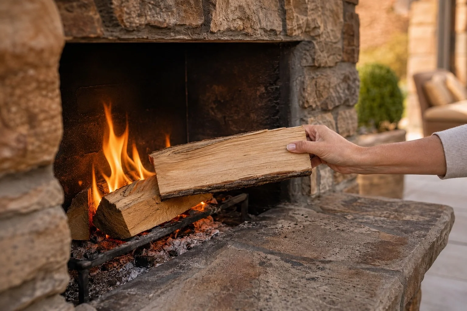 Person placing wood logs into a lit outdoor fireplace with a stone surround.
