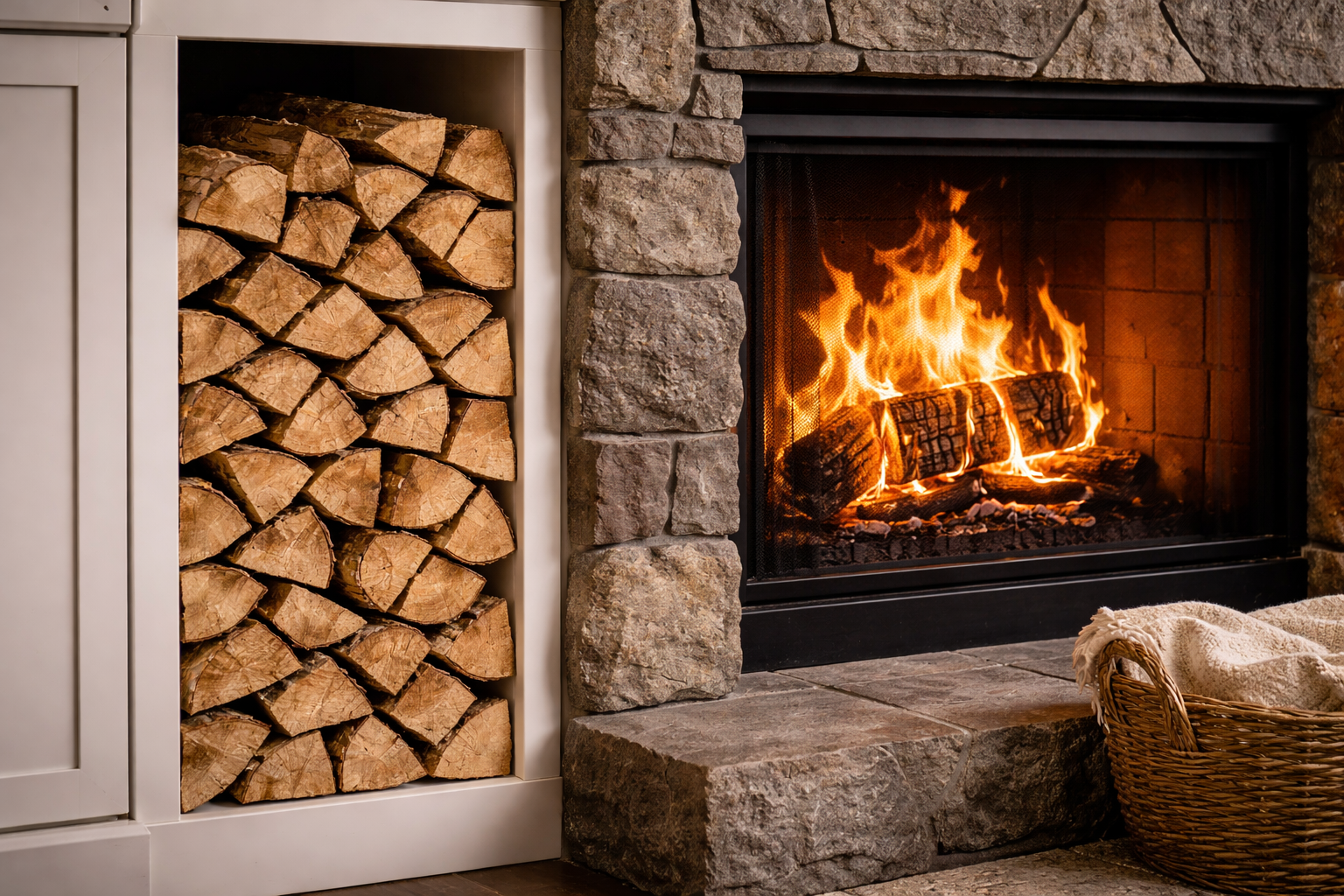 Fireplace with a burning fire and a basket of firewood next to it.