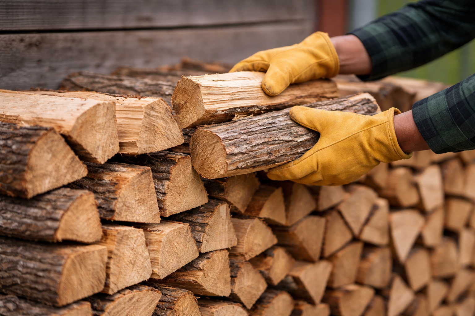 Person stacking cut firewood logs, wearing yellow work gloves and a green plaid shirt.