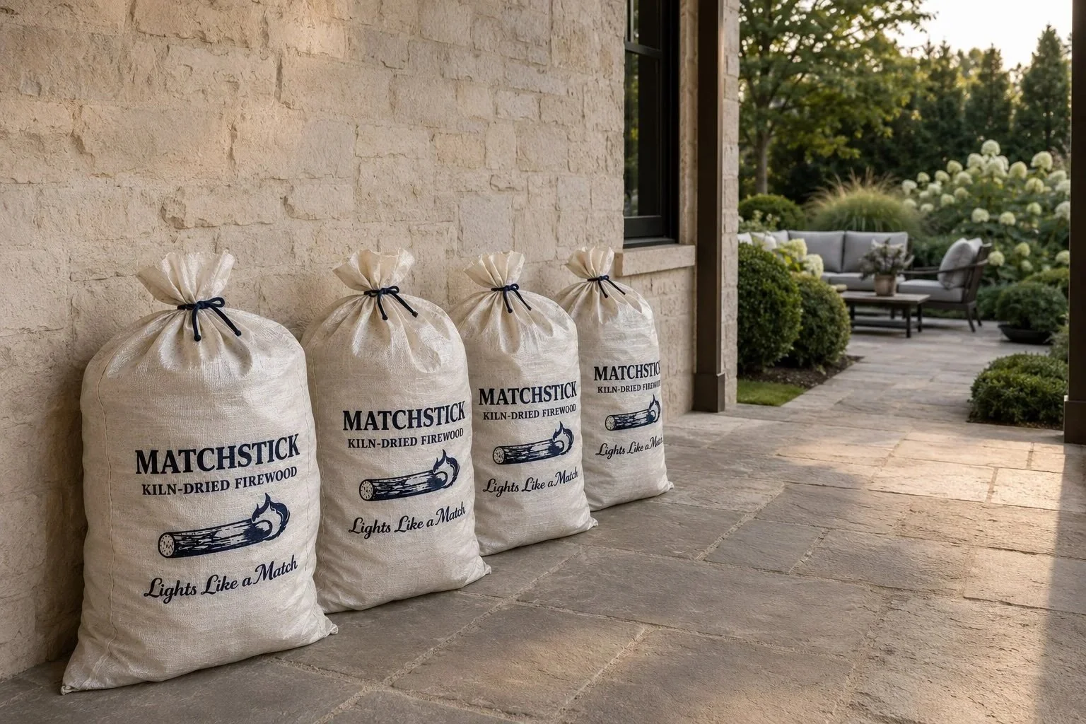 Four bags of MATCHSTICK kilndried firewood lined up outside a house on a stone patio.