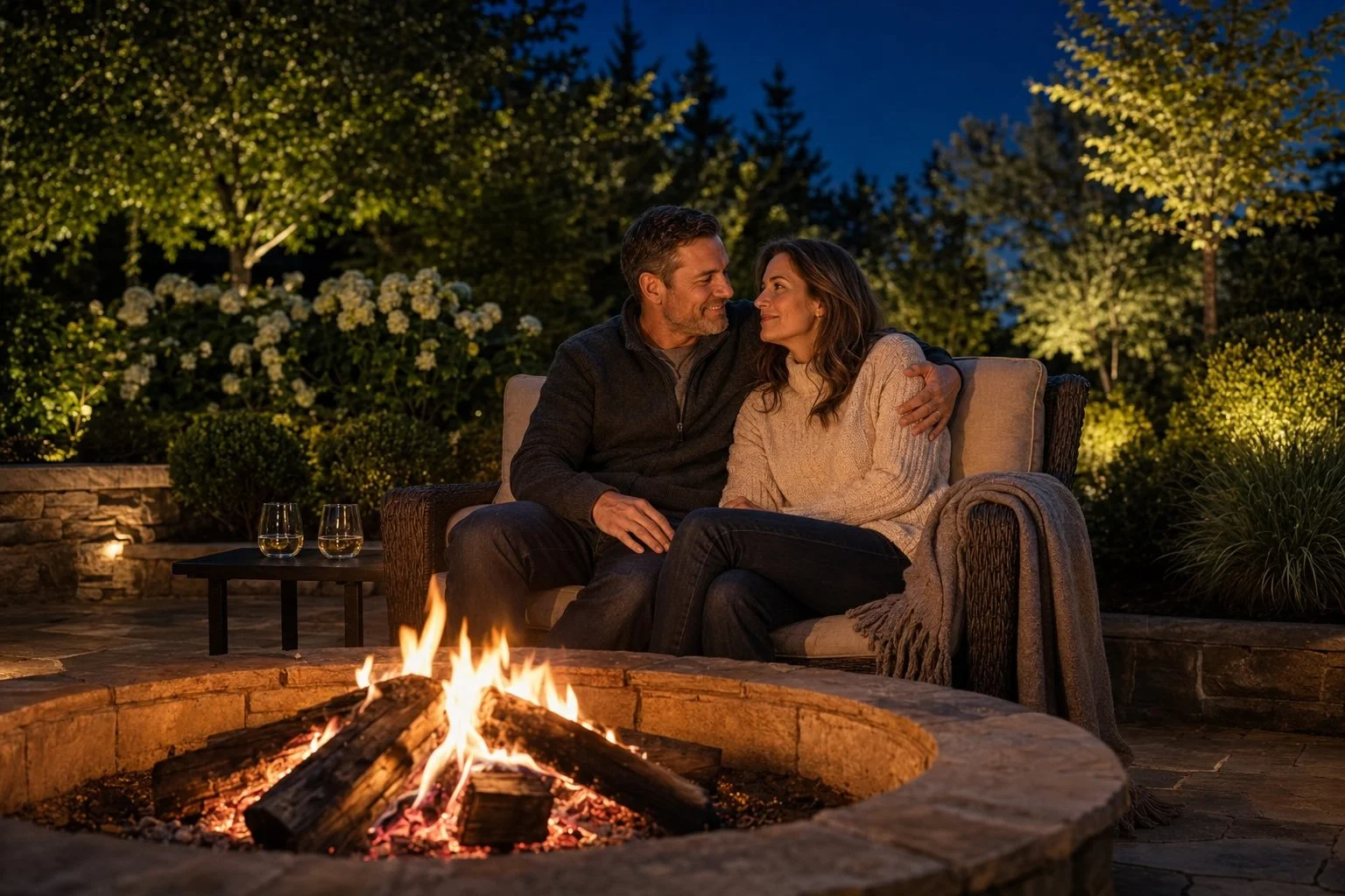 A couple sitting close together on a patio sofa by a firepit at night, smiling and looking into each other's eyes.
