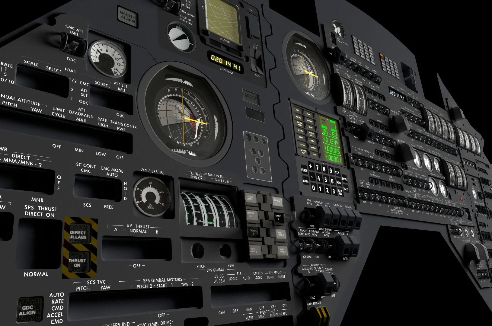 Close-up of an aircraft cockpit instrument panel with various gauges, switches, and digital displays.