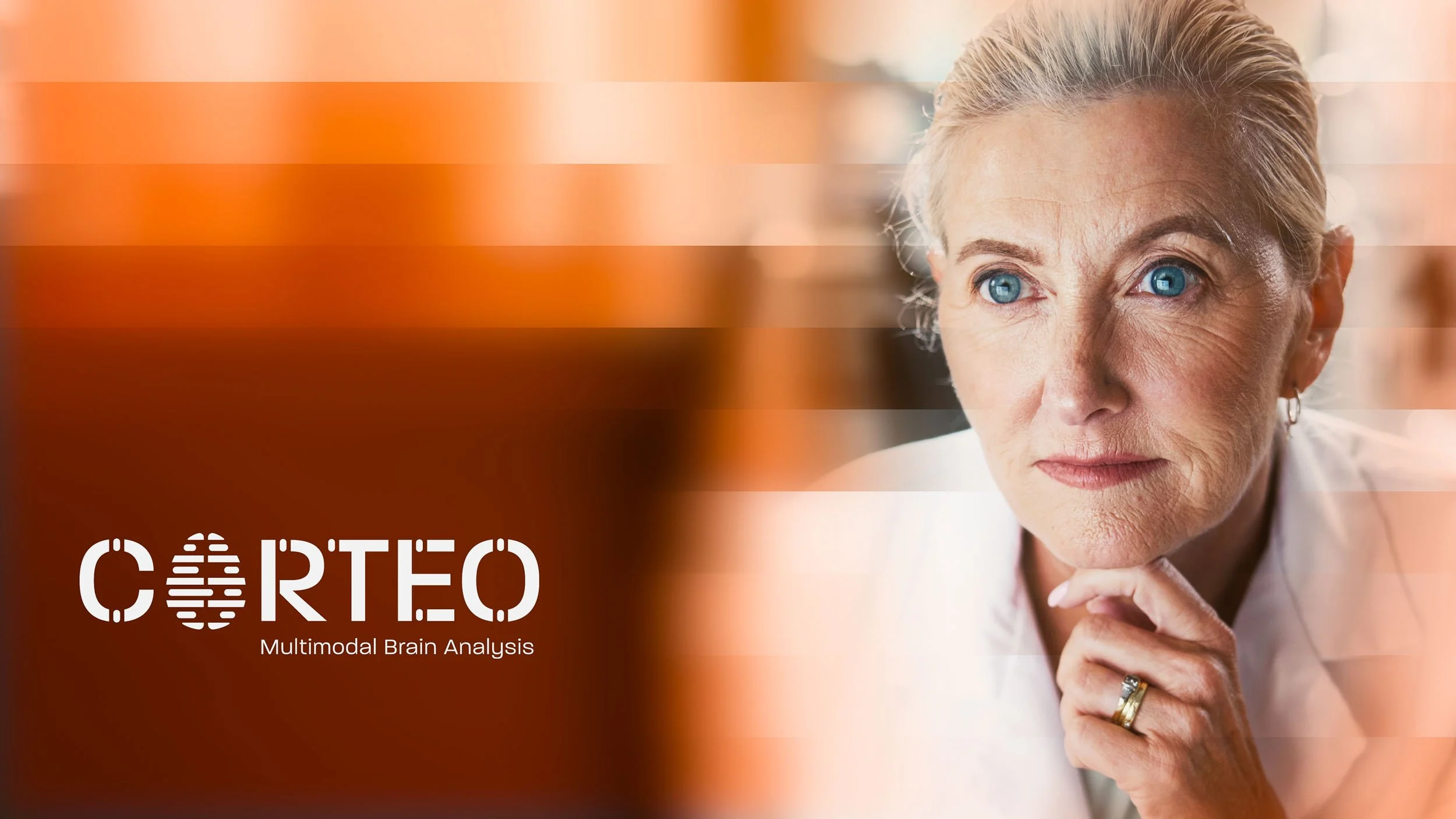 Conceptual "brand ecosystem" image for CORTEO, showing a physician using the neuroscience software, overlaid with the specific geometric grid patterns and clinical color palette of the visual identity.