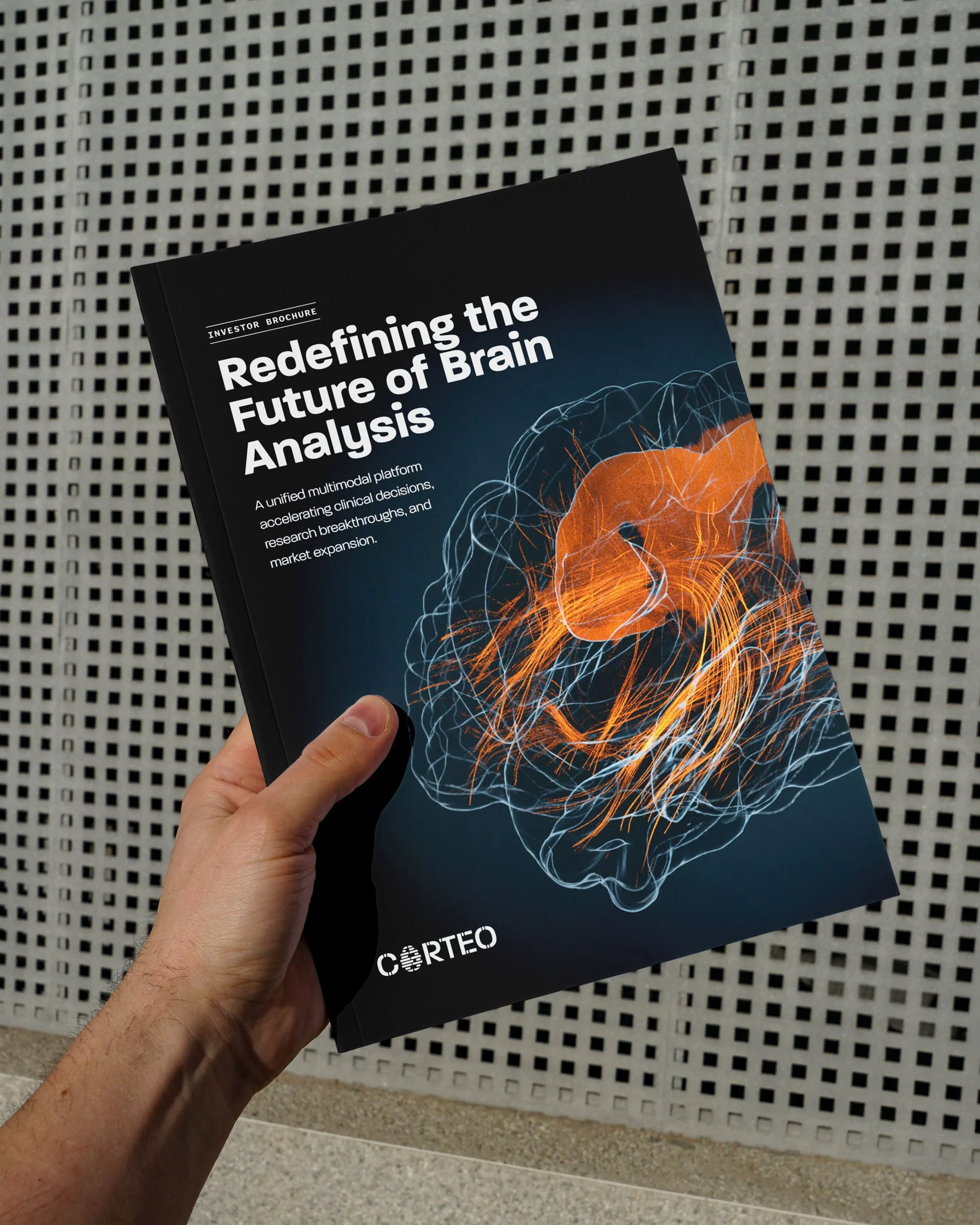 A printed investor brochure for CORTEO, showcasing high-fidelity 3D neuroimaging on the cover. The image demonstrates the application of scientific visualization in strategic healthcare communication and fundraising.