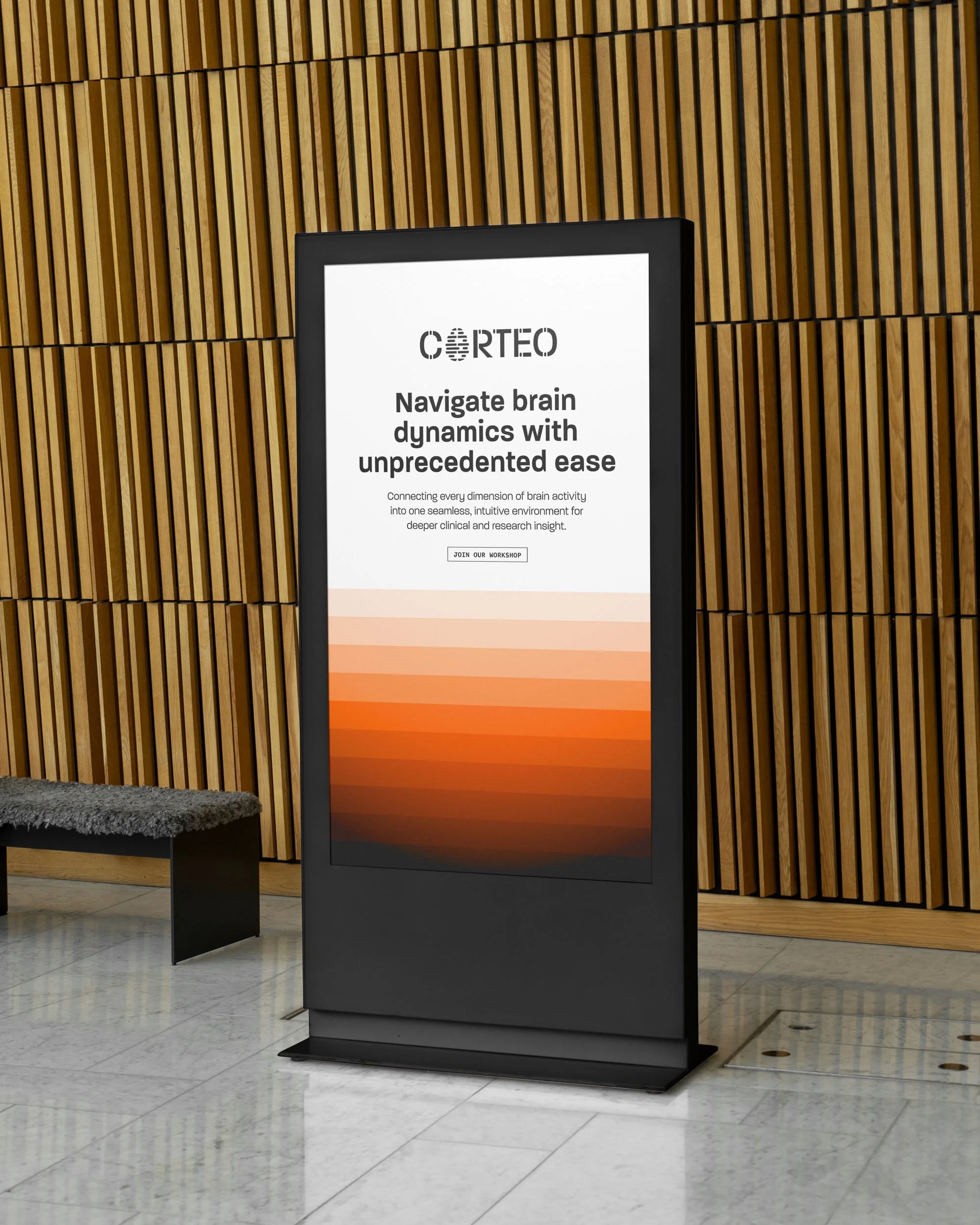 Realistic depiction of a CORTEO standing conference display with a bold tagline, set within a professional neuroscience event environment and fully activated by the brand's unique clinical color palette and geometric pattern system.
