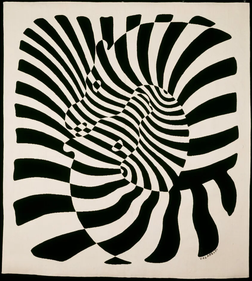 An optical illusion artwork with black and white stripes creating a swirling, abstract pattern.