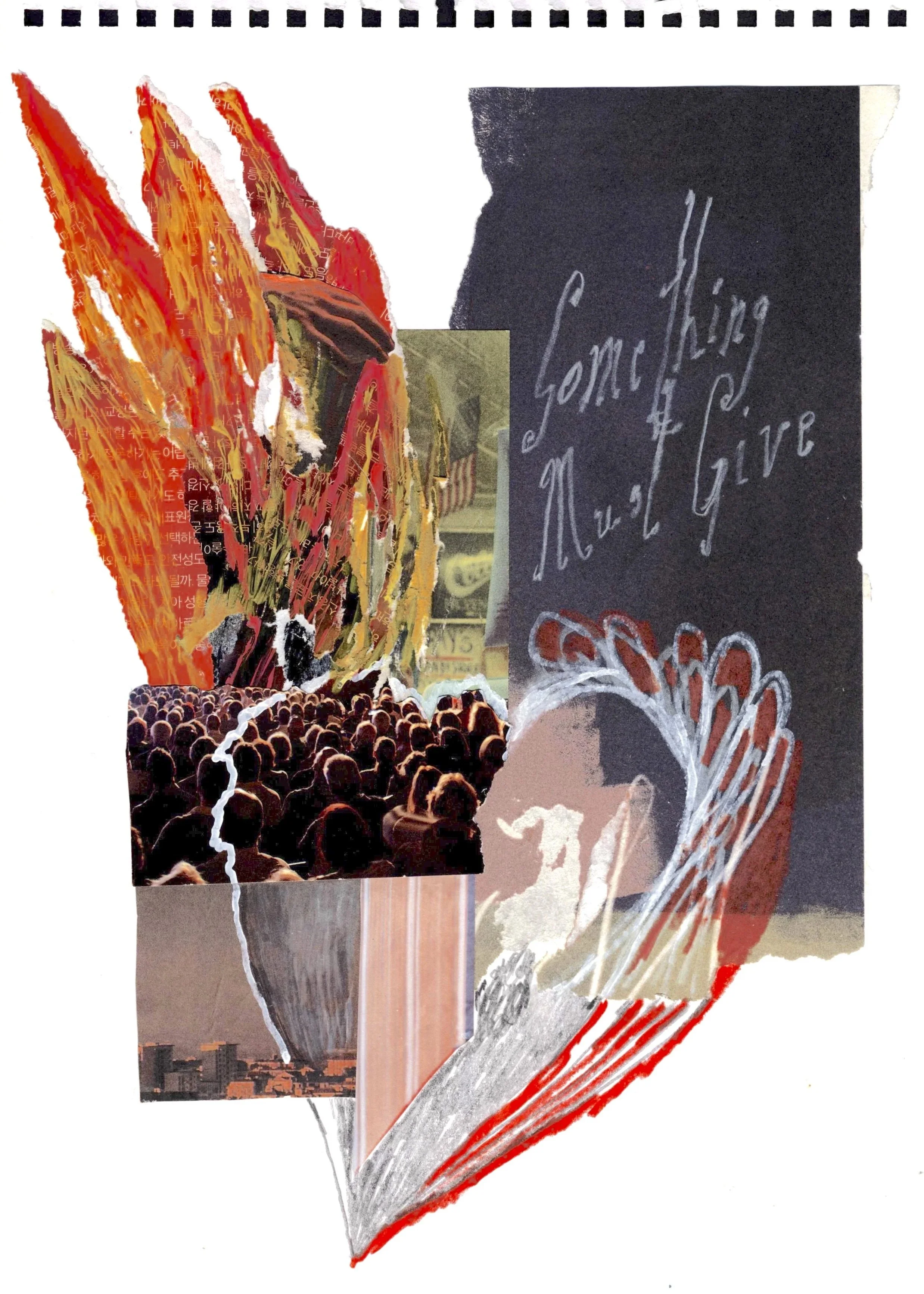 something must give, 2026, collage and mixed media, 12x9 inches
